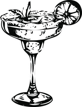 Black and white line art illustration of a refreshing margarita cocktail drink with lime slice Vector, illustration