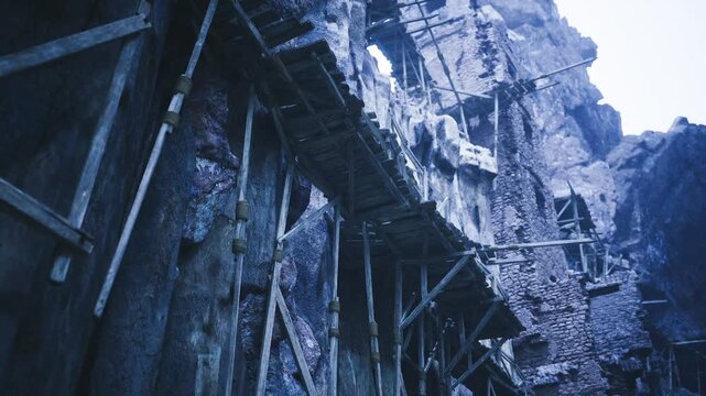 Crumbling walkway over abandoned quarry, ruinous scaffold and rubble spill across steep faces, nature reclaiming industrial site with moss and overgrowth,