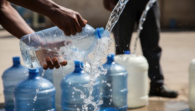 Pouring Clean Drinking Water from Plastic Bottle for Hydration
