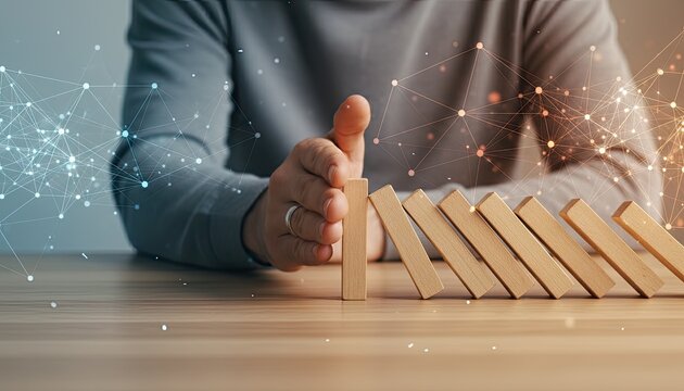 Man's hand stopping the domino effect, a concept for risk management and business solutions.