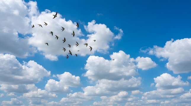 Flock of birds soaring through a vibrant blue sky with puffy clouds