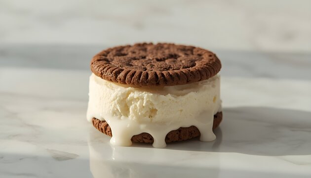 Melting Vanilla Ice Cream Sandwich with Chocolate Cookies on White Marble Table