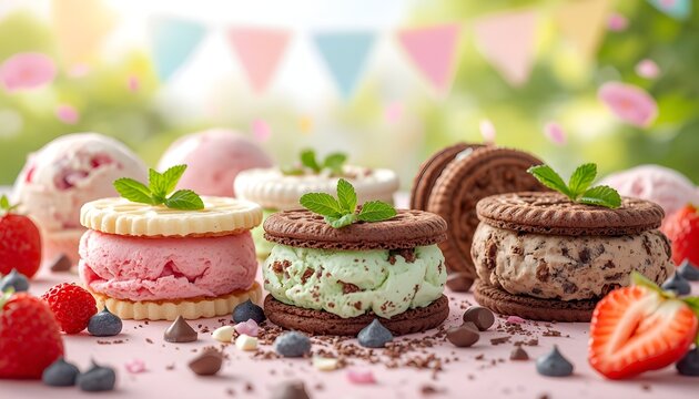 Assorted Ice Cream Sandwiches with Strawberries Mint and Chocolate Chips for Summer Party