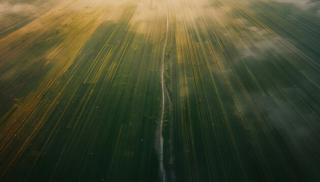 Aerial View of Green Agricultural Fields in Golden Sunrise Light with Morning Fog