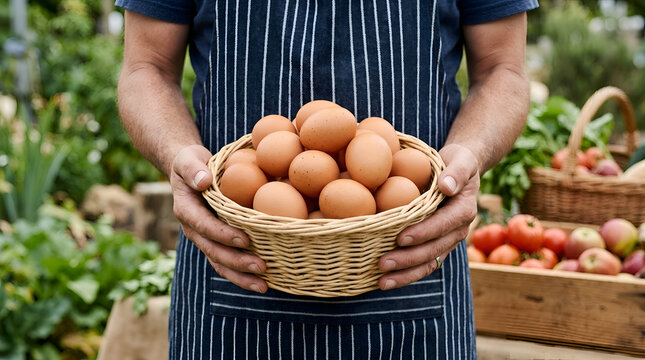 A farmer holds a wicker basket full of freshly gathered brown eggs, symbolizing organic, farm-fresh produce at an outdoor market