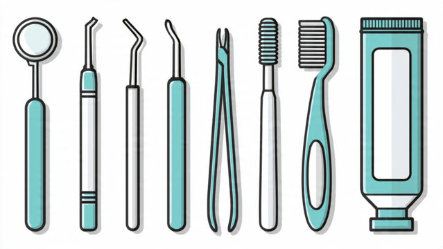 Set of dental hygiene tools including mirror toothbrush picks and floss in blue and white for oral care and hygiene practice