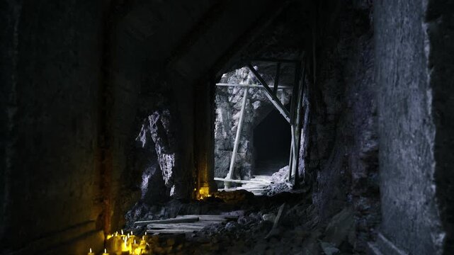 Arched exit opening onto winter brightness, contrast between dark interior and snowlit exterior, pilgrim or guide narrative suggested, crisp textures