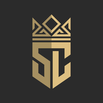 Initial SC elegant luxury monogram gold logo or badge template with royal crown, perfect for luxurious branding project