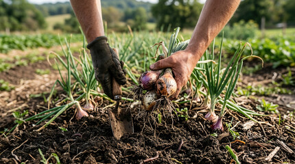 Fototapeta premium Harvesting Fresh Produce From The Earth Skilled Hands Gather Onions From Rich Soil Outdoors