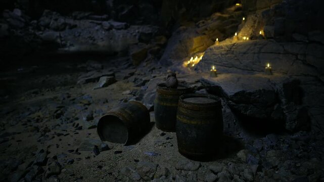 Hidden jars on moonlit rocky cove, overturned vessel and scattered pebbles, shadowed alcove with faint lantern glow, clandestine stash suggestive of covert