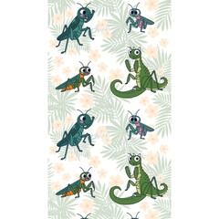 Obraz premium Cartoon Insects and Dinosaur Pattern