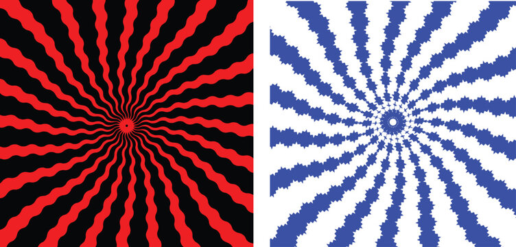 Psychedelic sunburst vector set, wavy radial sun rays in red and blue, hypnotic spiral background patterns, optical illusion circular burst for posters and music festival graphics