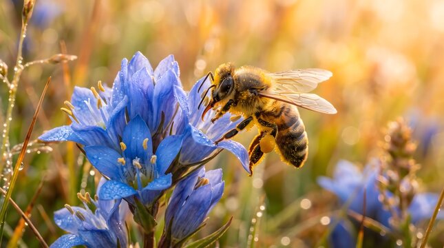 Close-up macro photography of a honeybee pollinating a vibrant blue wildflower in a sunlit meadow during spring morning