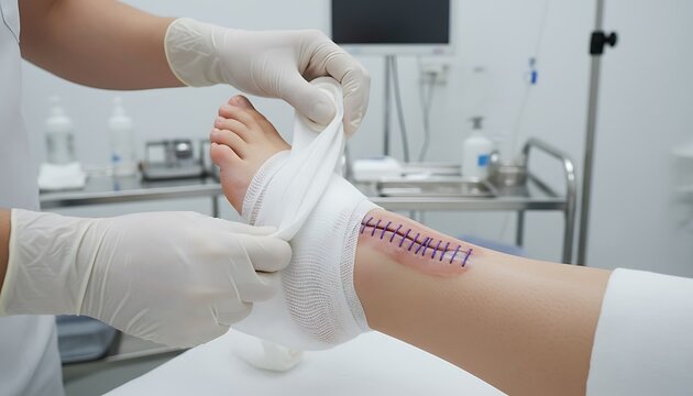 Medical Professional Tending to Patients Leg with Surgical Sutures