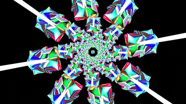 10 seconds seamless looping spinning rotating turning dancing spiral pattern round black background animation screensaver visualizer hd video 
