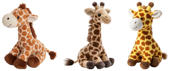 Three cute plush giraffes sitting on a white background © A