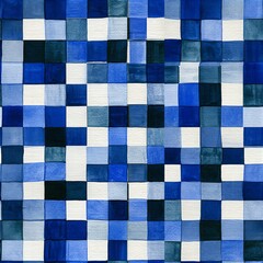 Fototapeta premium Blue watercolor gingham pattern creating abstract seamless background. Watercolor brushstrokes forming a decorative blue and white checkered pattern