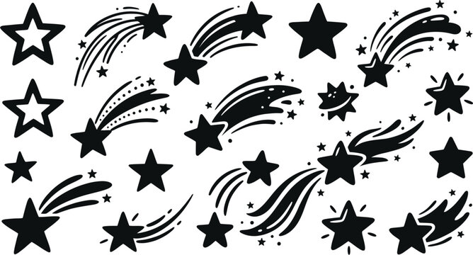 Shooting Star Silhouette Collection, Falling Star Black Vector Set, Celestial Sparkle Icons, Magic Comet Elements, Isolated Illustration Bundle