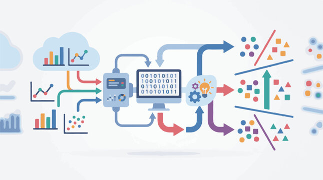 Data processing flowchart with charts computers and abstract shapes