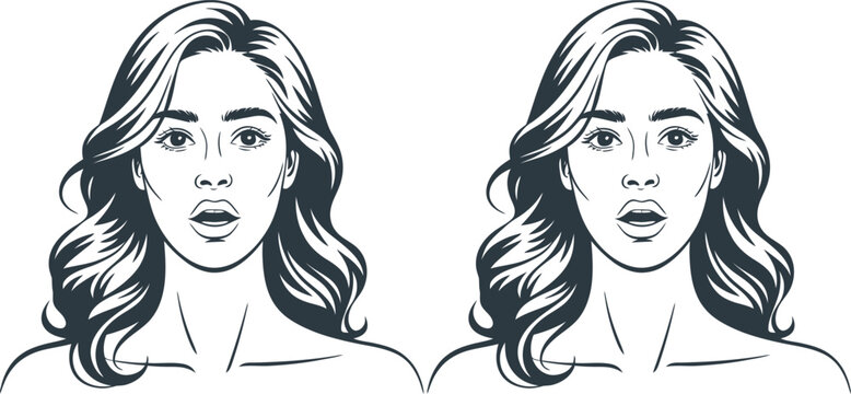 Black and white, minimalist line art, female face illustrations, portrait vector icons, two women