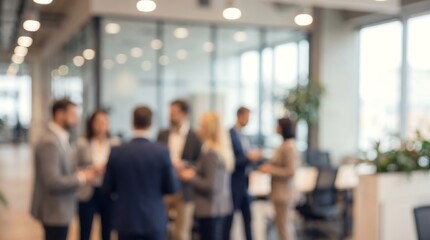 Fototapeta premium Business professionals standing together in blurred office space discussing strategy and projects in bright modern corporate environment