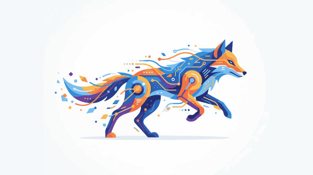 Geometric cyber fox running with digital circuit patterns and particles