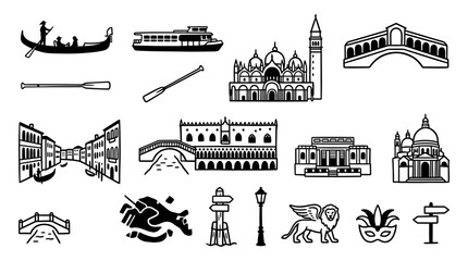 Venice Icon Set: Gondola, Bridge, Canal, Architecture, Landmark, Travel Symbols © ifin