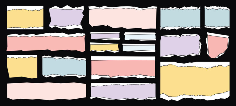 Torn paper colorful ripped notebook paper strips, realistic tear page texture, office note scrap, newspaper clip, text label decoration.
