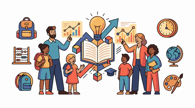 Teachers and students learning with books light bulb charts and school items
