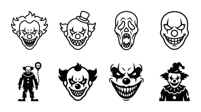 Collection of horror clown faces and sinister character masks icons with halloween character frightening sinister