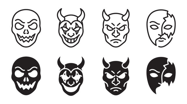 Collection of evil horror face masks and creepy character avatars with halloween character frightening sinister