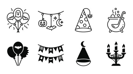 Fototapeta premium Halloween party decoration icons set including balloons banners cauldrons and candle holders with halloween, cauldron