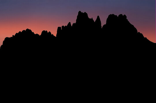 Croda da Lago Mountain profile on sunset background, minimalist mountain skyline, 2D high contrast silhouette