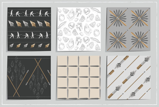 Korean Paleolithic seamless pattern set. Ancient stone age tools, spears, and primitive human silhouettes vector illustration.