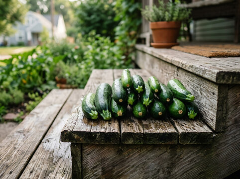 A large harvest of fresh green zucchinis piled on rustic wooden porch steps outside a home with a potted herb plant nearby.
