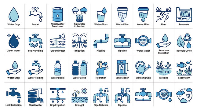 Icons labeled with text describe water infrastructure, conservation, and hydration systems in a modern blue-toned design collection.