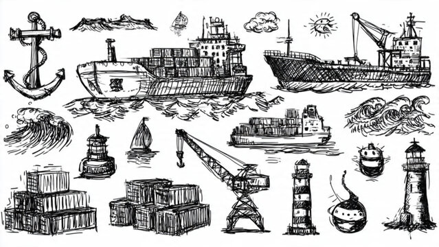 Black and white sketch of various ships docks and lighthouses in maritime scene for travel and transportation themes