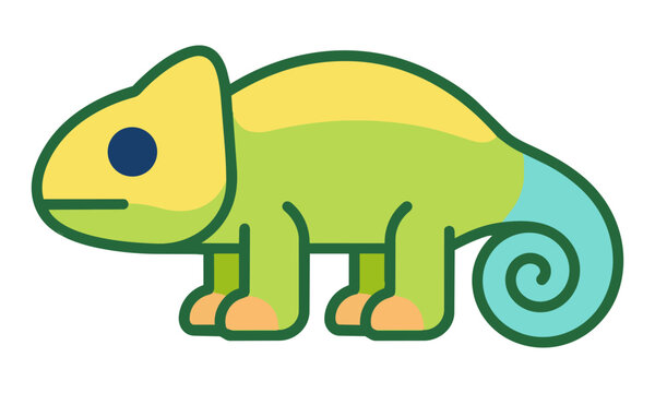 Simplified minimalist chameleon icon in side profile with a playful curled tail, clean flat design isolated on white, adaptable animal concept