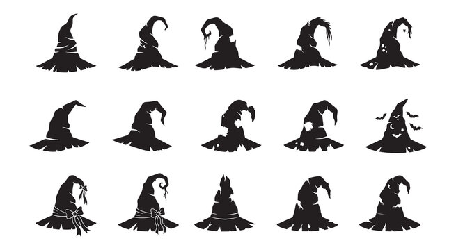 Scary Crooked Horror Witch Hat Silhouette Icon Set