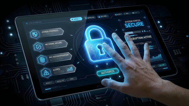 Cybersecurity interface on digital tablet with glowing padlock icon and hand touching screen