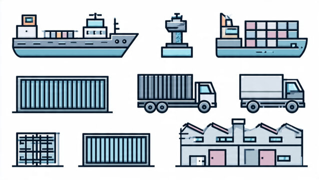Container ships and trucks in maritime port with cargo storage and cranes in industrial shipping yard