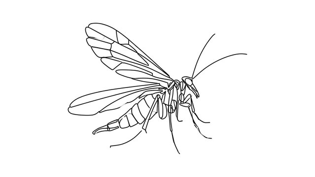 Detailed insect line drawing on white background.
