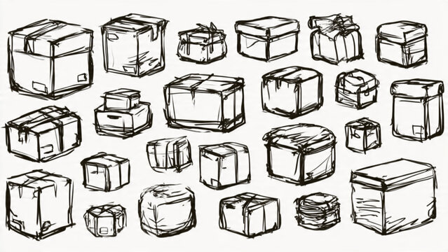 Collection of Hand-drawn Sketches of Various Cubic and Rectangular Boxes in Black and White Artistic Style