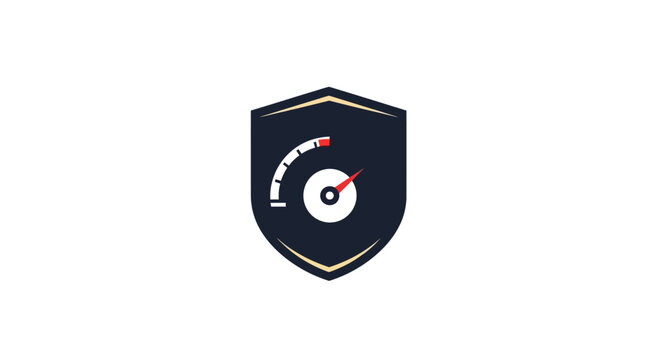 Shield logo with speedometer needle.