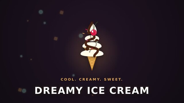 Dreamy Ice Cream. Waffle cone rises as vanilla soft-serve swirl forms under glossy chocolate drizzle and sprinkles with cherry. Motion graphics recipe video. 