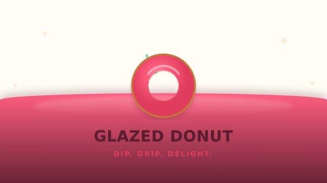 Golden donut dipping in glossy pink strawberry glaze with sprinkles. Food animation in flat design style. Motion graphics for social media and cooking channels