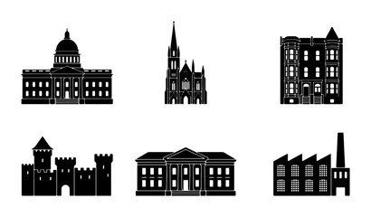 Obraz premium Architectural Silhouettes: Government, Church, Residential, Castle, and Factory Buildings
