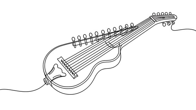 Line art electric guitar drawing on white background.