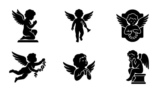 Cherub Silhouettes, Angel Icons, Vector Set for Religious and Decorative Design