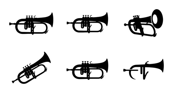Trumpet Silhouettes, Brass Instrument Icons, Musical Vector Set, Jazz Band Elements